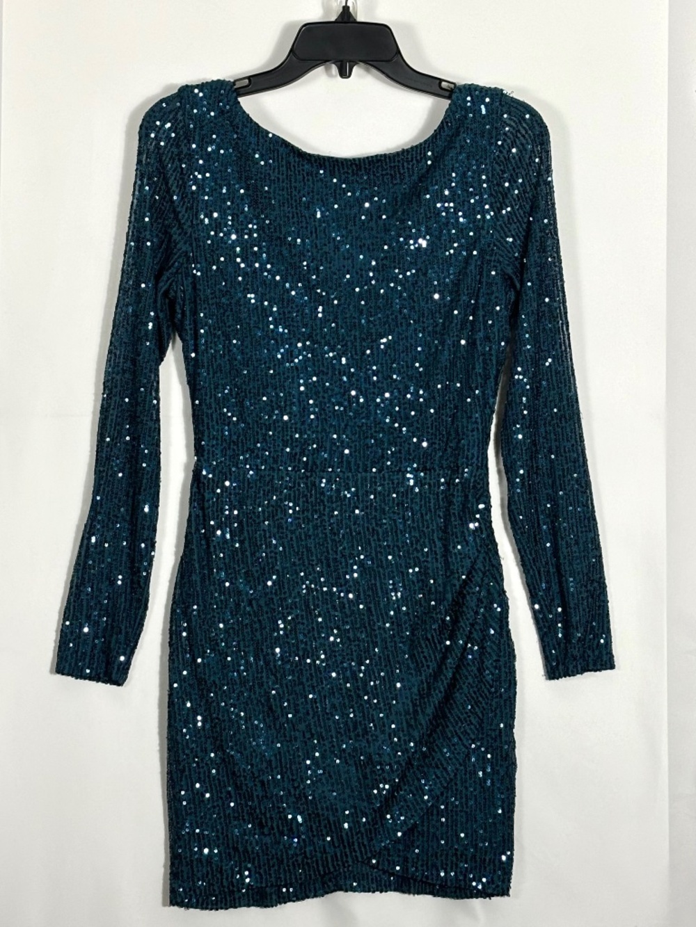 Windsor Teal Sequin Long Sleeve Bodycon Mini Dress Scoop Back Tulip Hem Sz 7/8
